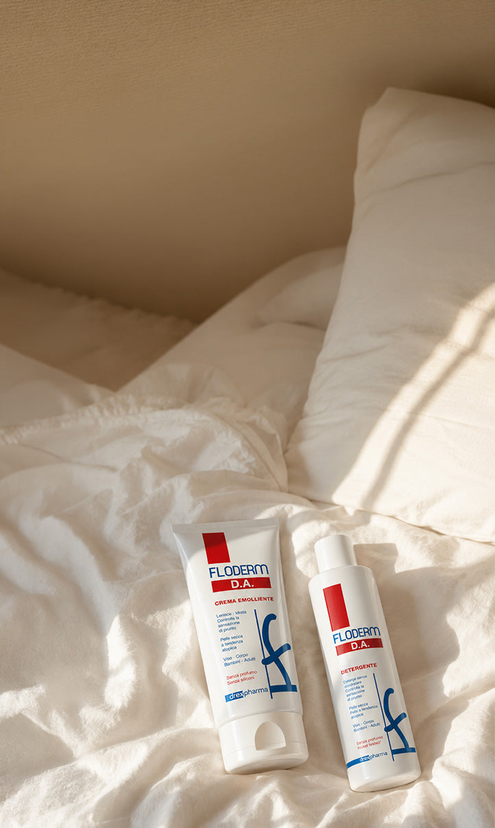 immagine che rappresenta i prodotti della linea floderm da posizionati su un letto