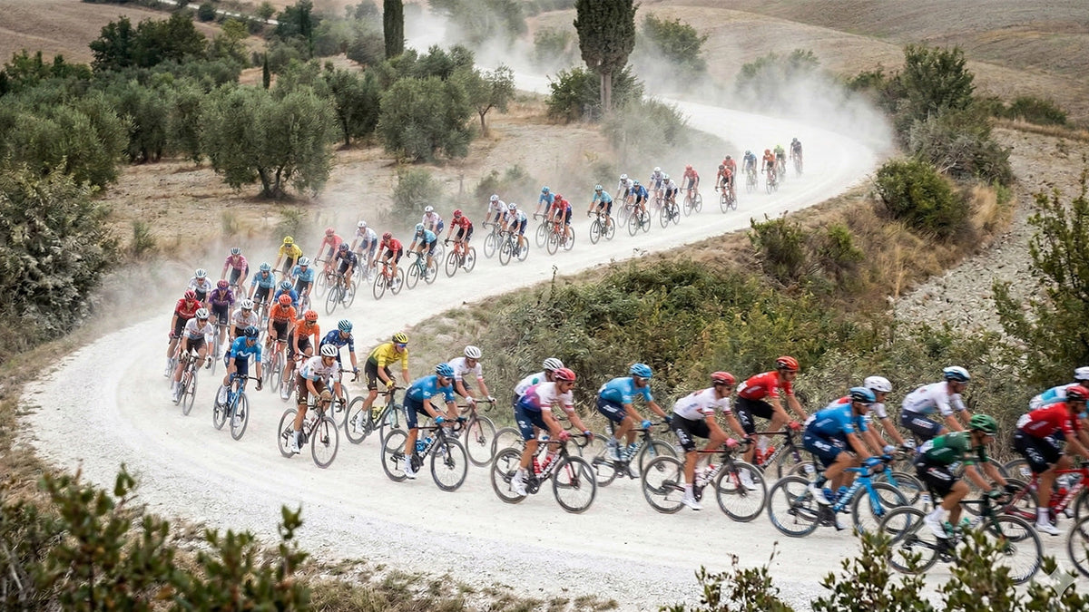 Immagine che raffigura un gruppo di ciclisti su una strada bianca