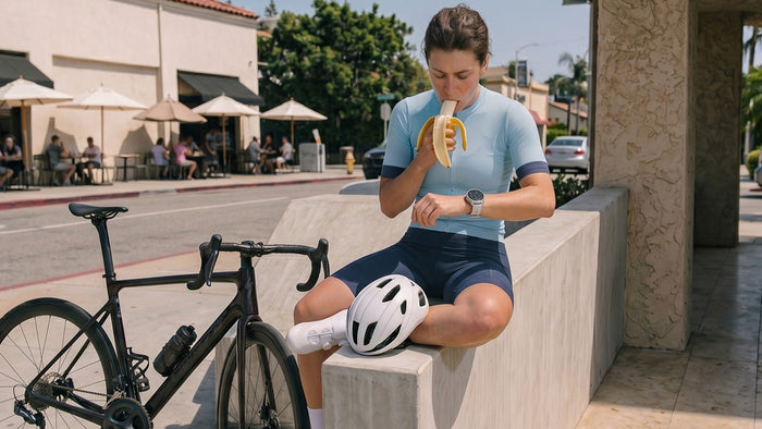 Immagine che raffigura una ciclista con uno snack