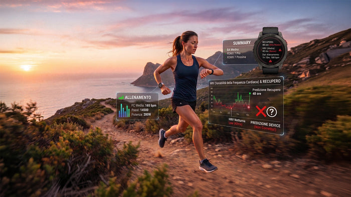 Immagine che raffigura una donna che corre che monitora HRV con device e app