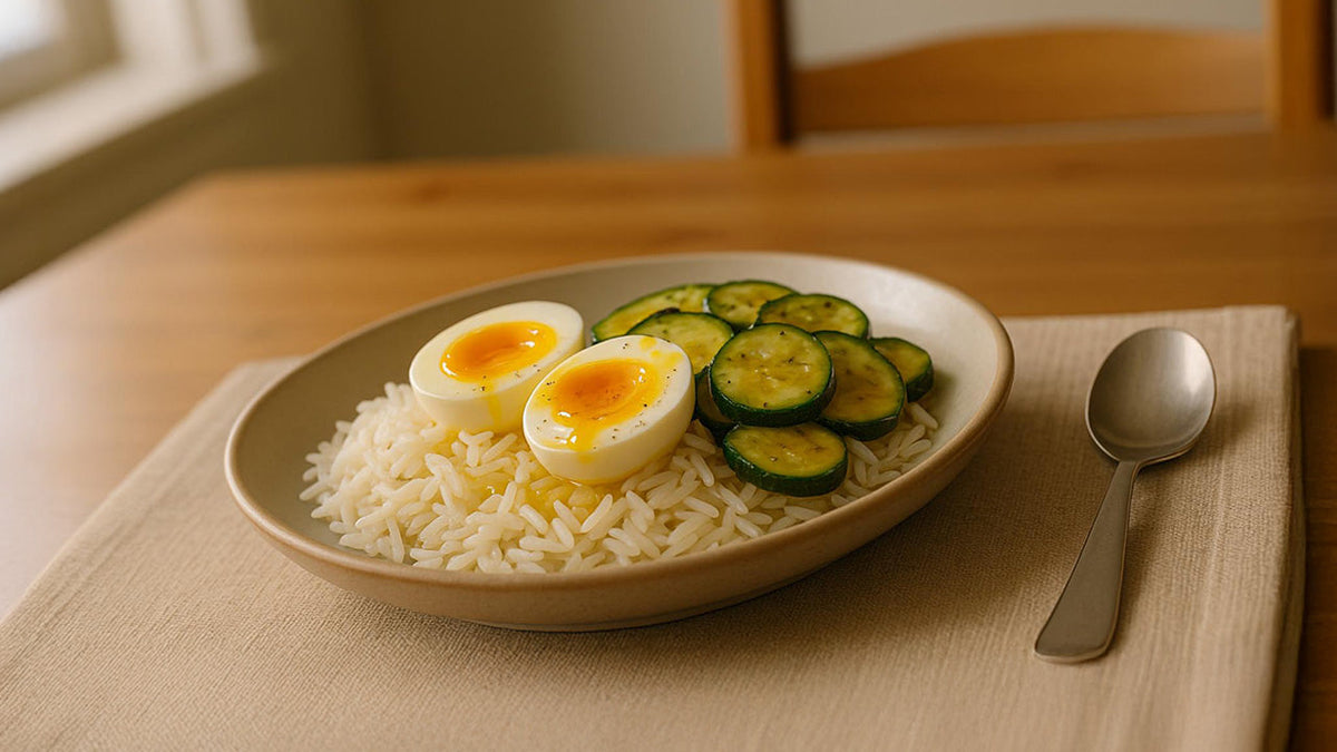 Immagine che rappresenta un piatto con riso basmati, uova e zucchine