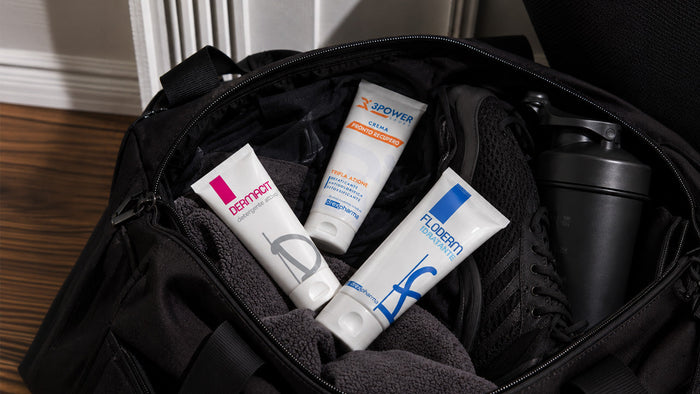 Borsone sportivo con all'interno creme della linea  3Power Sport, Dermacit e Floderm