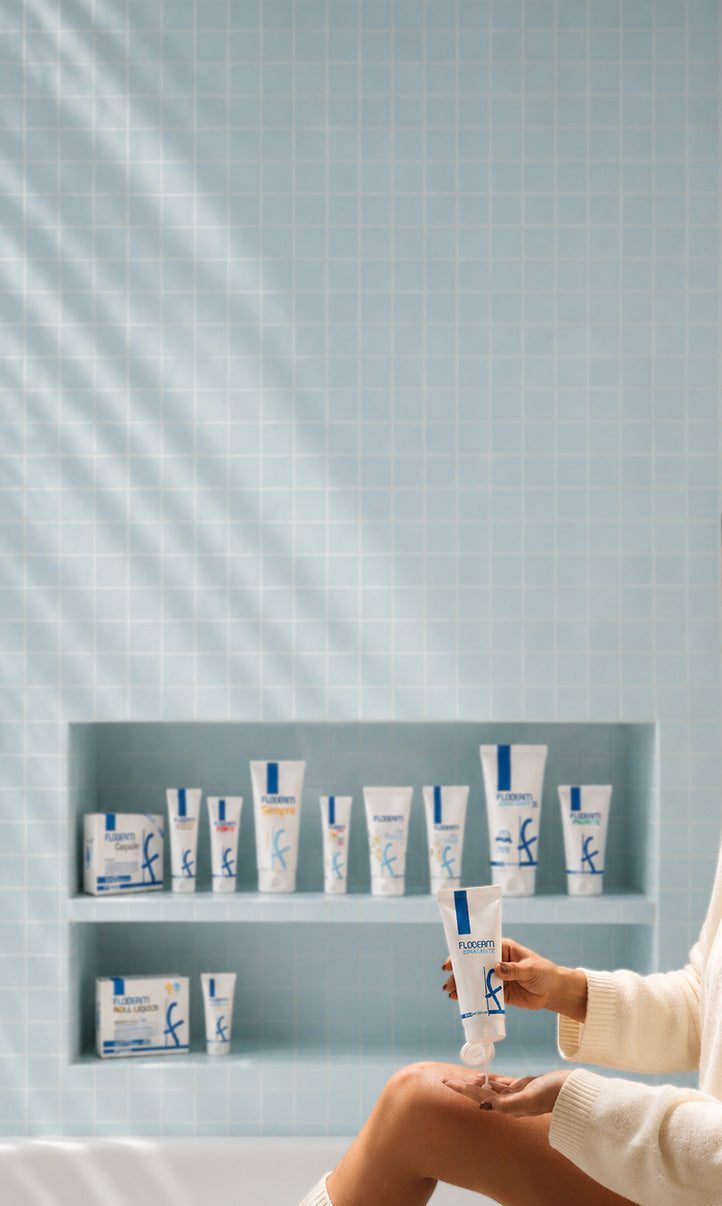 rappresentazione di tutti i prodotti della linea floderm di drex