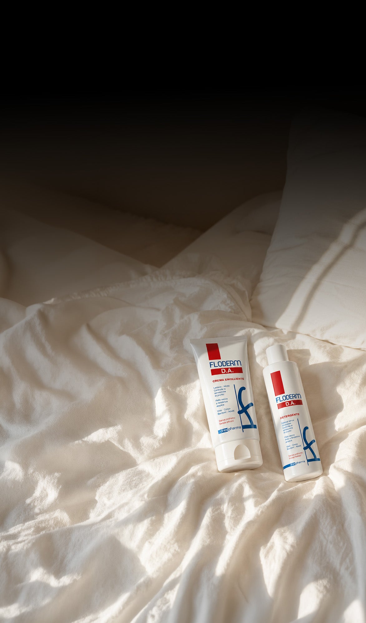 immagine che rappresenta i prodotti della linea floderm da su un letto